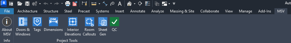 The MSV ribbon tab in Revit, showing all eight tool buttons