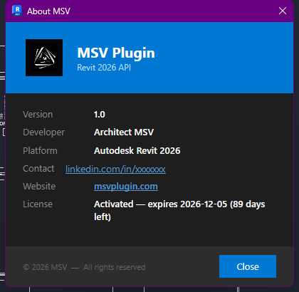 The About MSV dialog, showing version, license and contact info