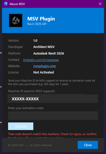 About MSV dialog after entering a code that doesn't match, showing an error message