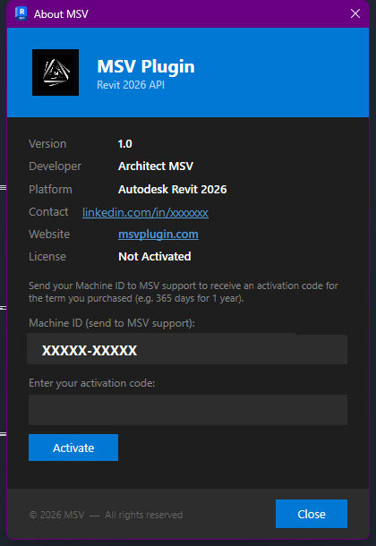 About MSV dialog in its not-activated state, showing the Machine ID and an activation code field