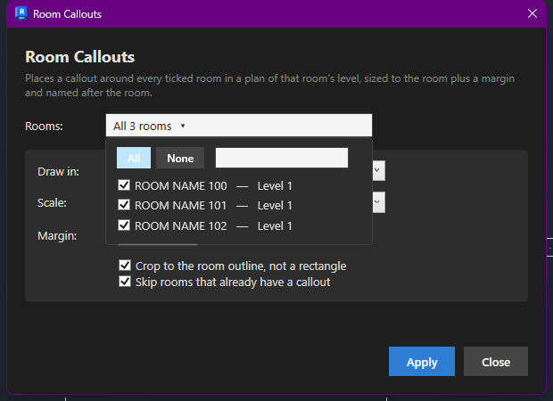 Rooms dropdown with All 3 rooms selected via checkboxes