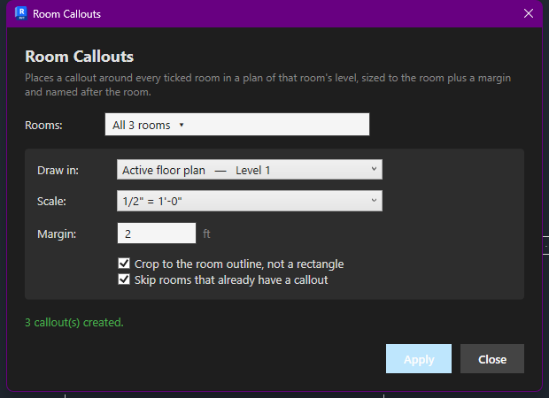 Room Callouts dialog after Apply, showing 3 callouts created and new views in the Project Browser