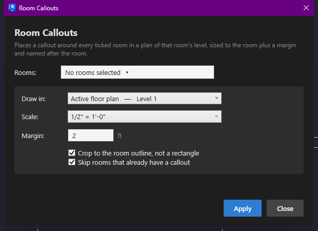 Room Callouts dialog with rooms dropdown, scale and margin options