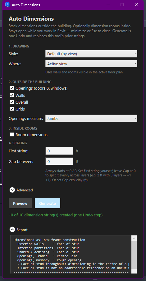 Auto Dimensions dialog after Generate, showing dimension strings created and a detailed report