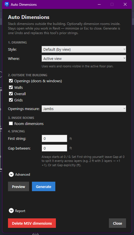 Auto Dimensions dialog with drawing, outside-the-building and spacing options