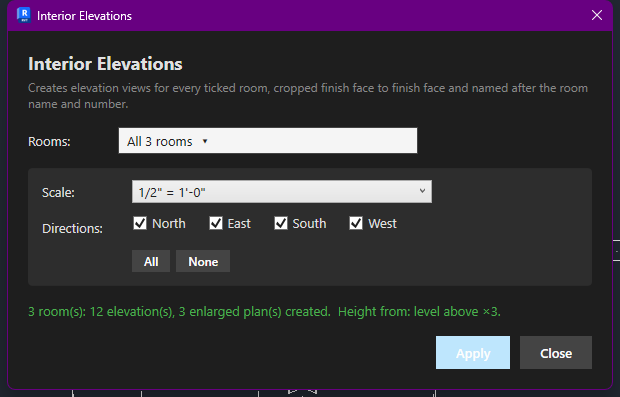 Interior Elevations dialog after Apply, showing 1 room and 4 elevations created