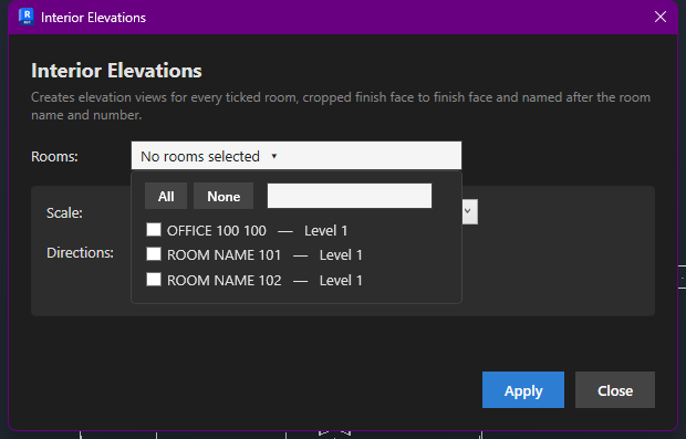 Rooms dropdown open, listing each room with a checkbox