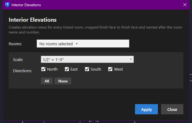 Interior Elevations dialog with rooms dropdown, scale and direction options