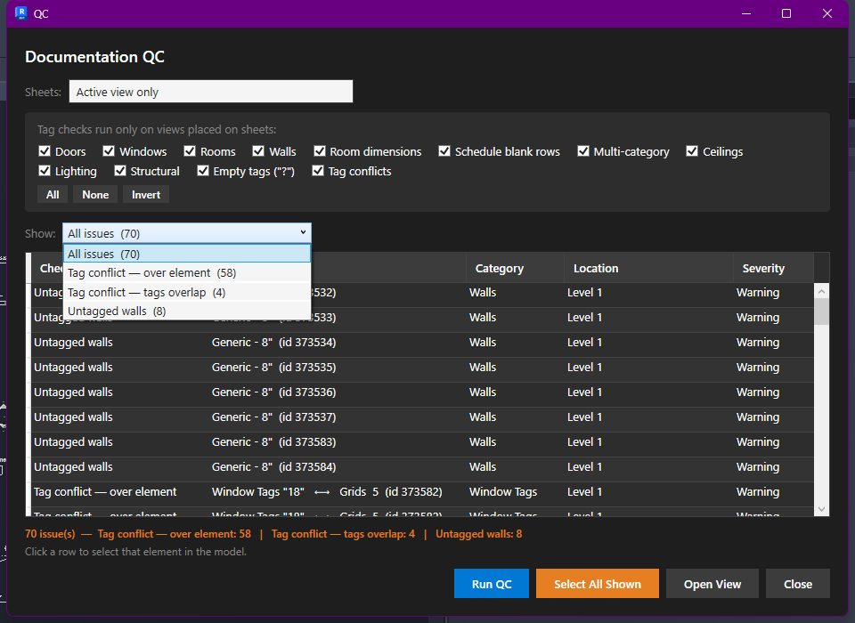 Show dropdown listing each check type found, with its own issue count, so results can be filtered to just one