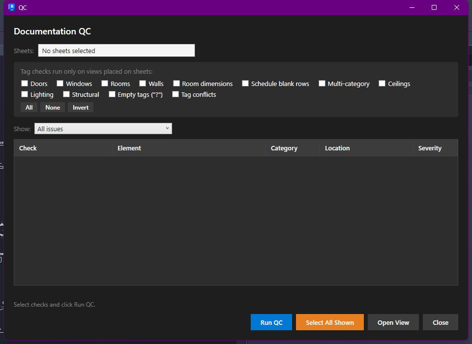 Documentation QC dialog with sheet selection and check categories