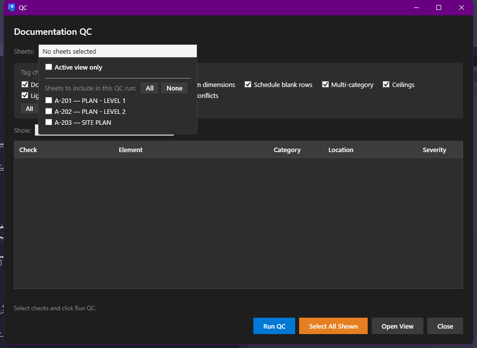 Sheets dropdown showing Active view only checkbox and a list of sheets to include