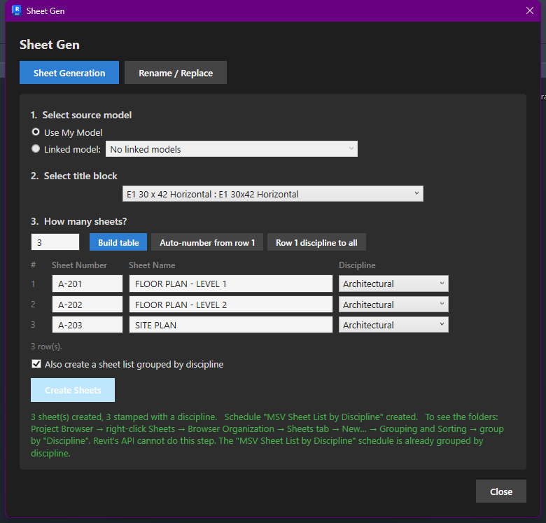 Sheet Gen dialog after Create Sheets, confirming 3 sheets created and a discipline schedule
