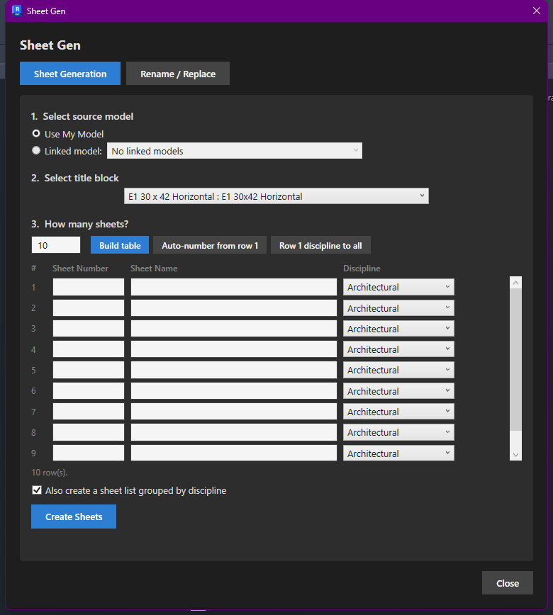 Sheet Gen dialog with source model, title block and sheet count options