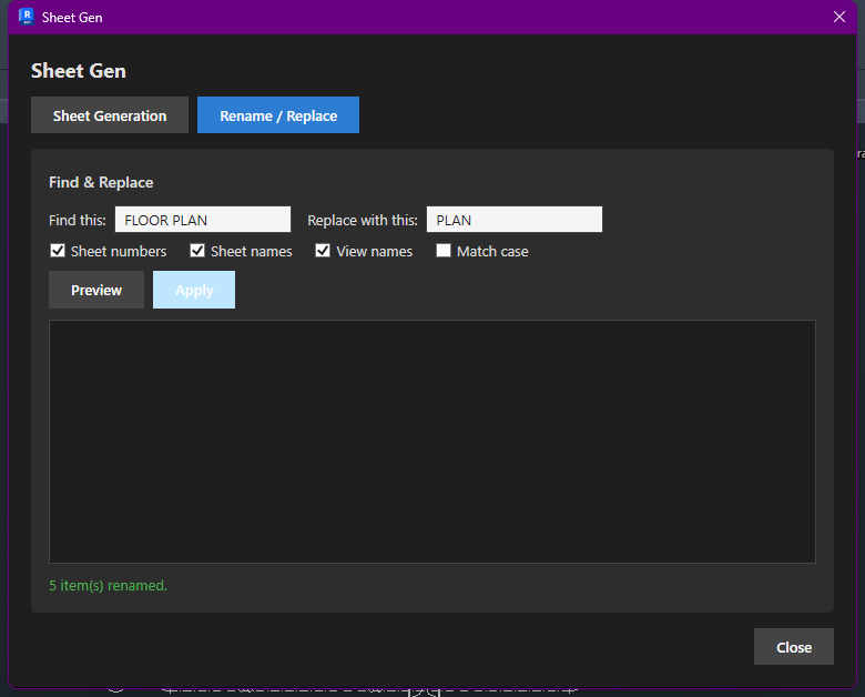 Rename / Replace tab after Apply, showing 5 items renamed