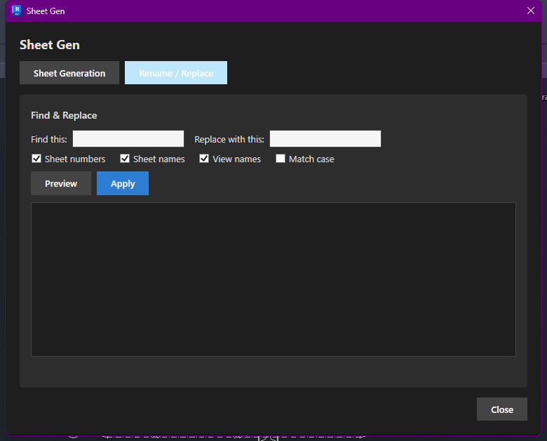 Rename / Replace tab with find, replace and scope checkboxes