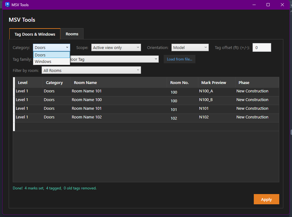 Category dropdown open, showing Doors and Windows options