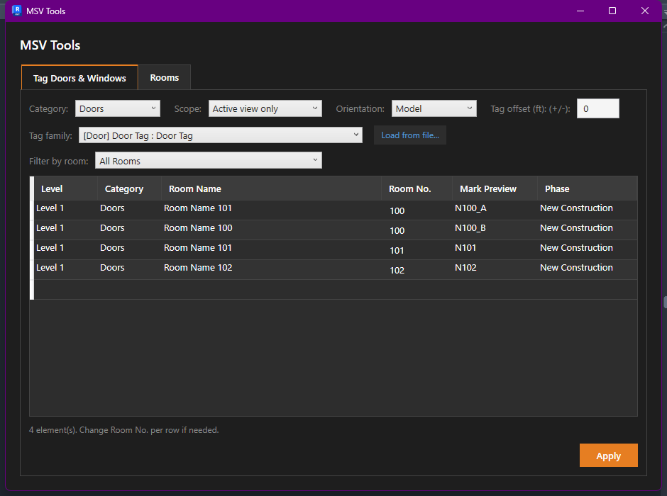 Tag Doors and Windows tab with category, scope and tag family options