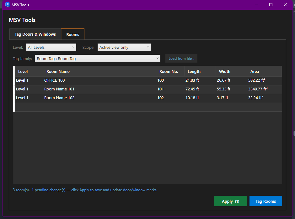 Rooms tab with a room name edited, Apply button now showing a pending change count